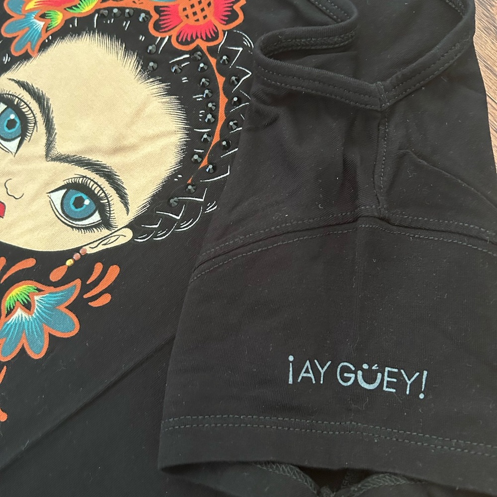 Ay Güey! Beautiful Vibrant Colors Frida Kahlo Short Sleeve Black T-Shirt - Picture 4 of 13